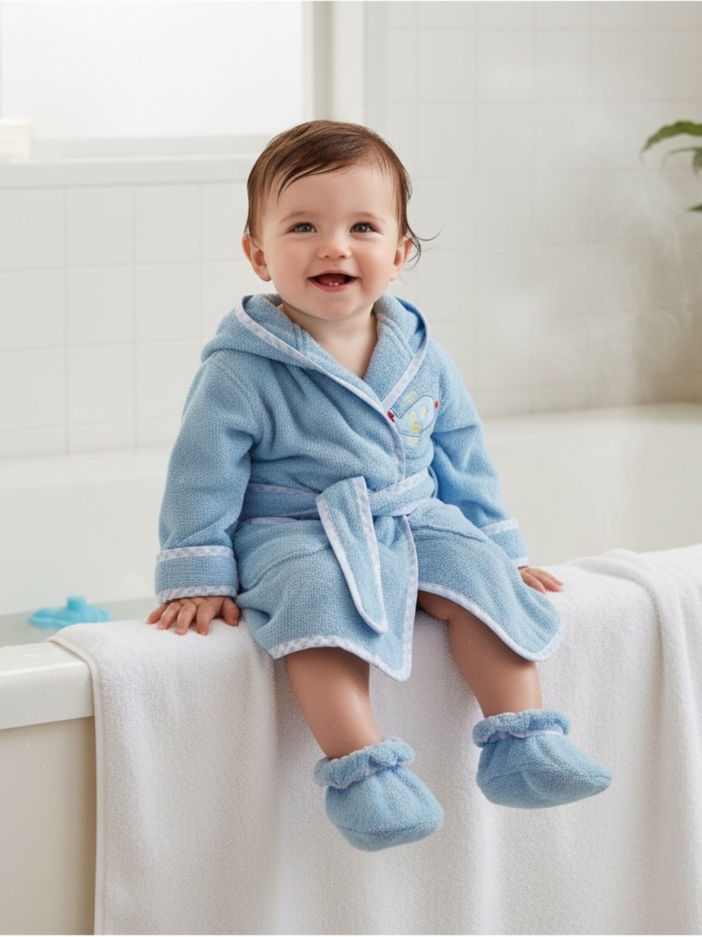 Terry Bathrobe Set for baby.  Blue hooded bath robe with booties